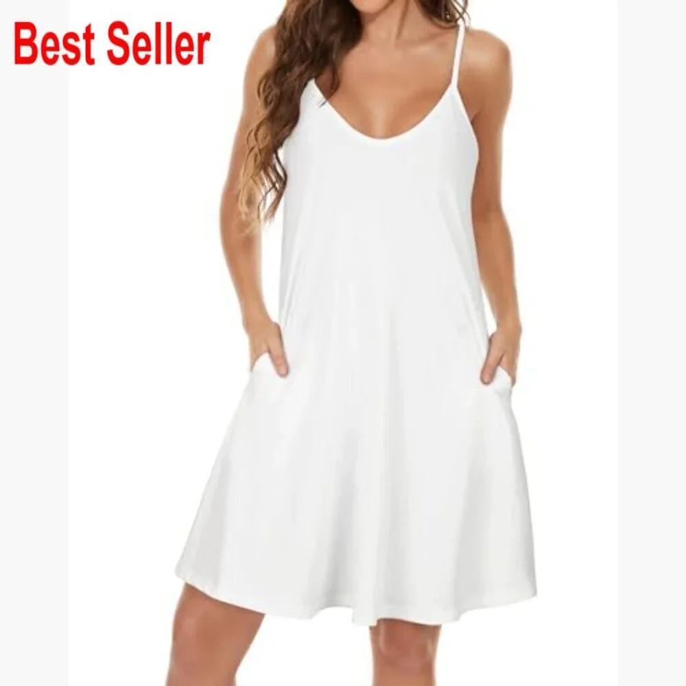 Cotton Blend Spaghetti Strap Sundress with Pockets Loose Fit